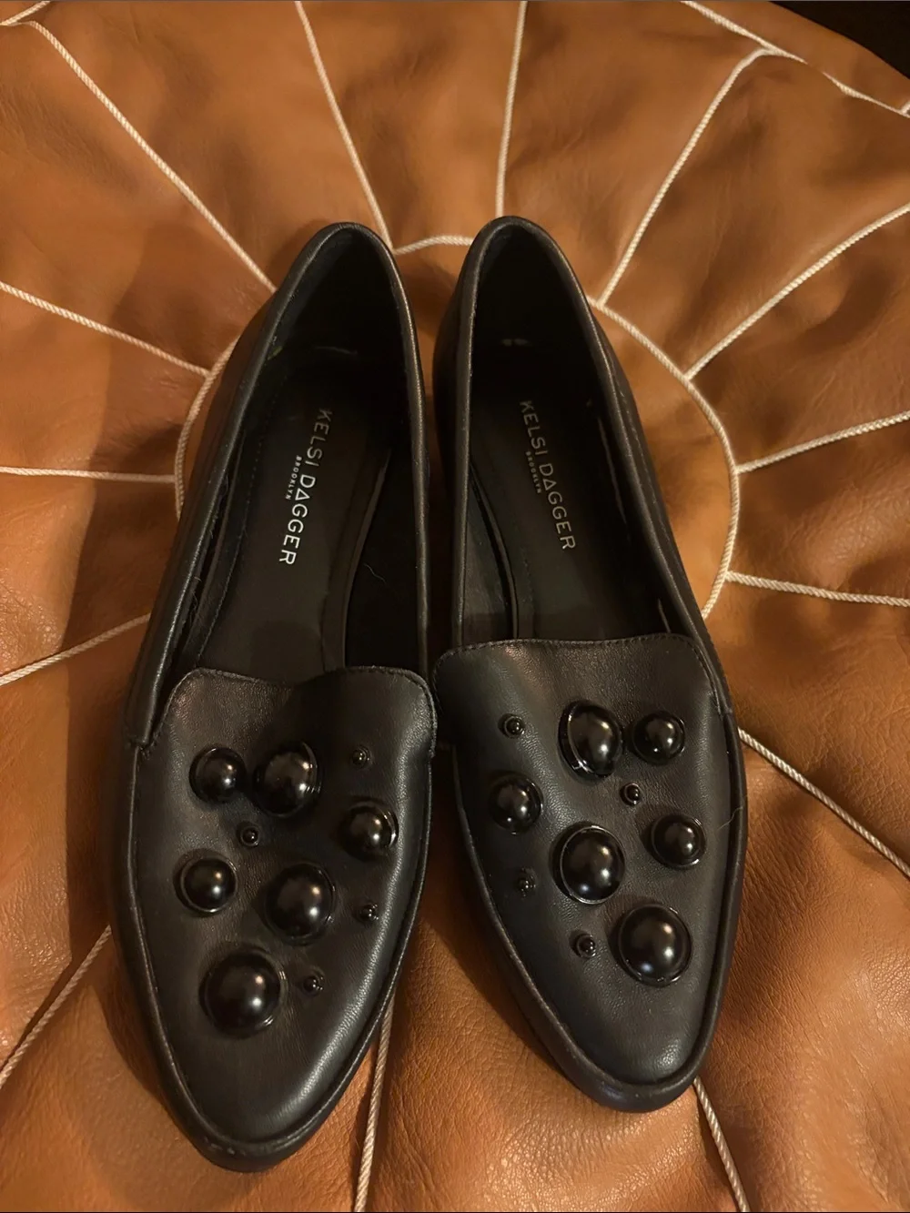 Kelsi Dagger Black Leather Beaded Pointed-Toe Flats